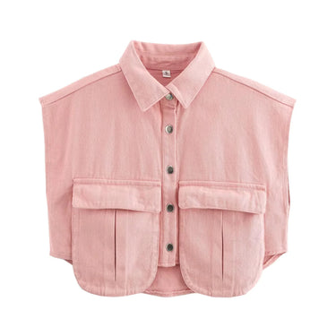 Pink sleeveless shirt with buttons on a white background